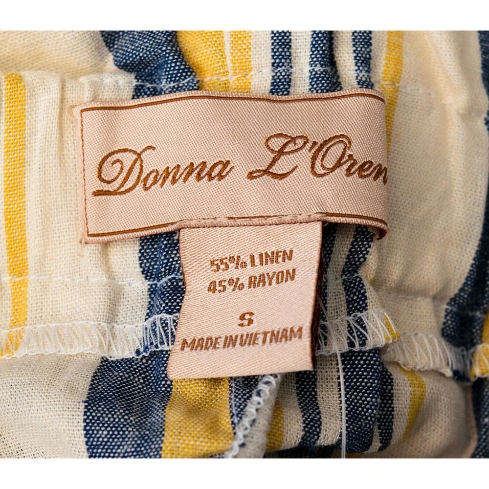 Donna L'oren Mustard Navy Beige Striped Gathered Baggy Paperbag Tied Shorts Sz S - Picture 3 of 3